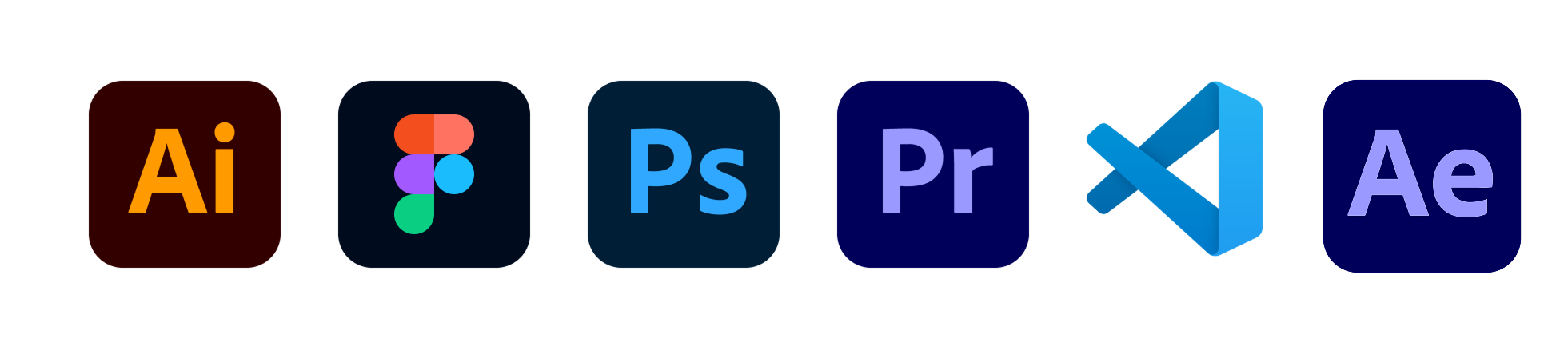 Design and development tools including Illustrator, Figma, Photoshop, Premiere Pro and Visual Studio Code